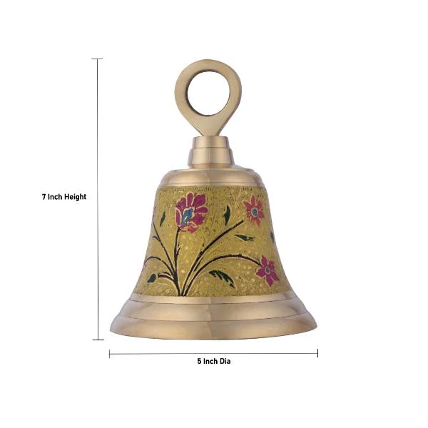 Temple Bell With Chain - 7 x 5 Inches | Enamel Design Prayer Bell/ Ritual Bell/ Brass Bell for Pooja - Image 5