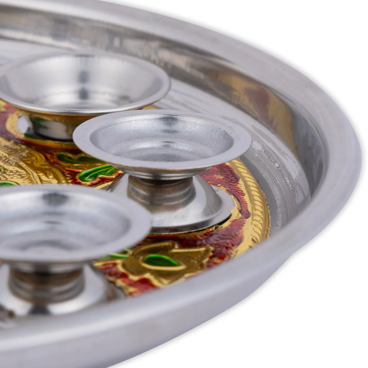 Thali Plate With 5 Diya- 12 Inches | Meenakari Design Pooja Plate/ Puja Aarti Plate For Marriage Aarti & Pooja - Image 2