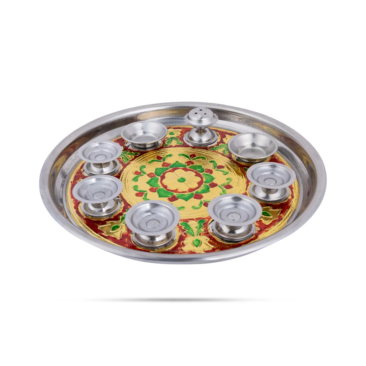 Thali Plate With 5 Diya- 12 Inches | Meenakari Design Pooja Plate/ Puja Aarti Plate For Marriage Aarti & Pooja - Image 3
