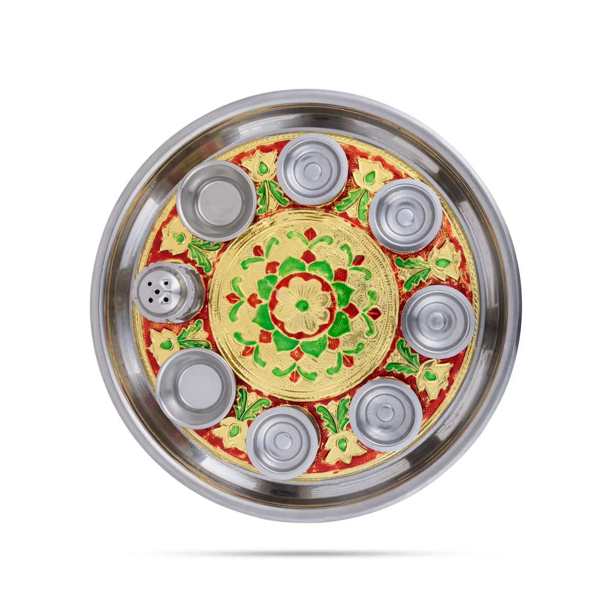 Thali Plate With 5 Diya- 12 Inches | Meenakari Design Pooja Plate/ Puja Aarti Plate For Marriage Aarti & Pooja - Image 4