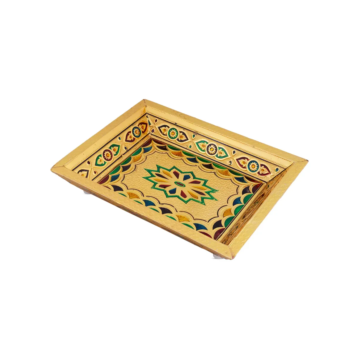 Decorative Plate - 12 x 9 Inches | Wooden Tray/ Meenakari Design Pooja Plate/ Gold Polish Thali Plate for Home - Image 3