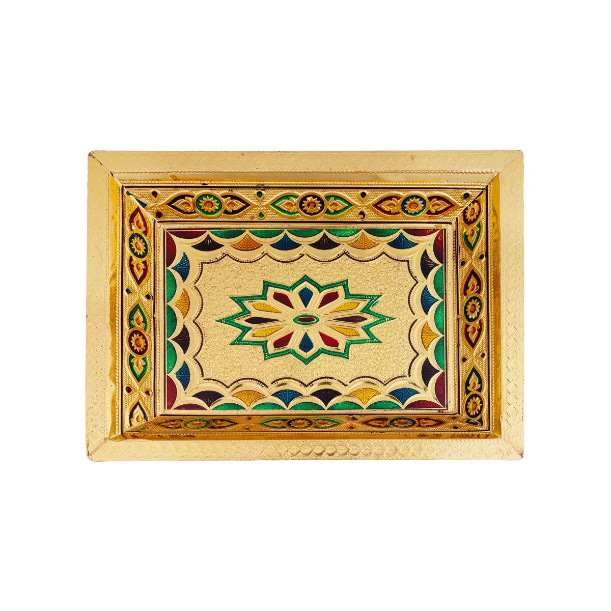 Decorative Plate - 12 x 9 Inches | Wooden Tray/ Meenakari Design Pooja Plate/ Gold Polish Thali Plate for Home - Image 4