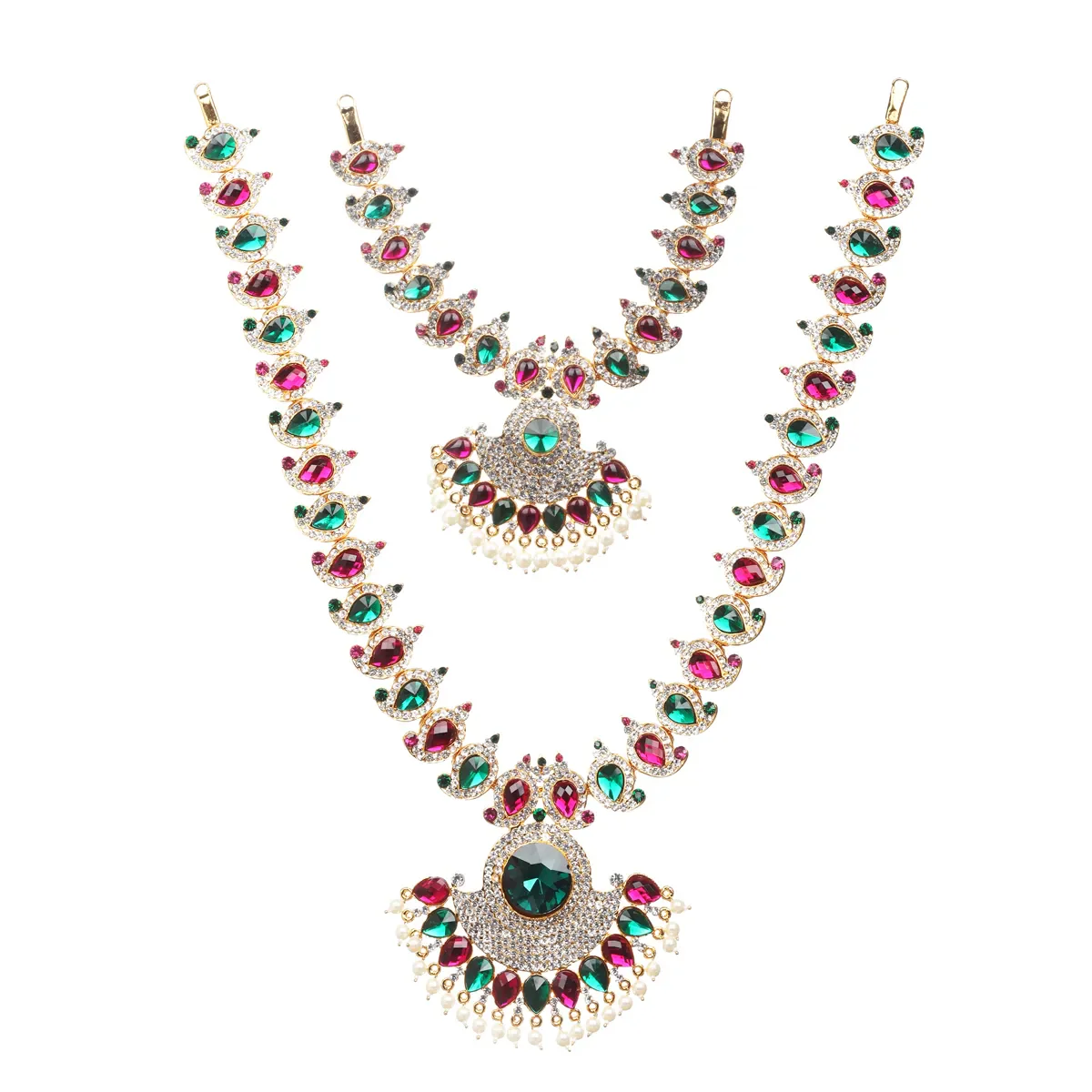 Two Step Stone Necklace - 15 x 4 inches | Multicolour Stone Jewellery with Pearl Drops for Deity Decor - Image 2