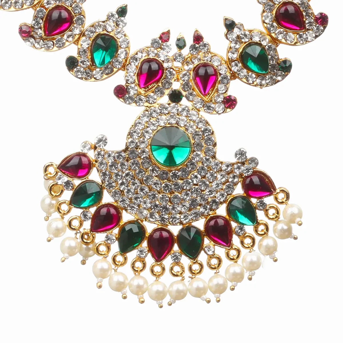 Two Step Stone Necklace - 15 x 4 inches | Multicolour Stone Jewellery with Pearl Drops for Deity Decor - Image 3