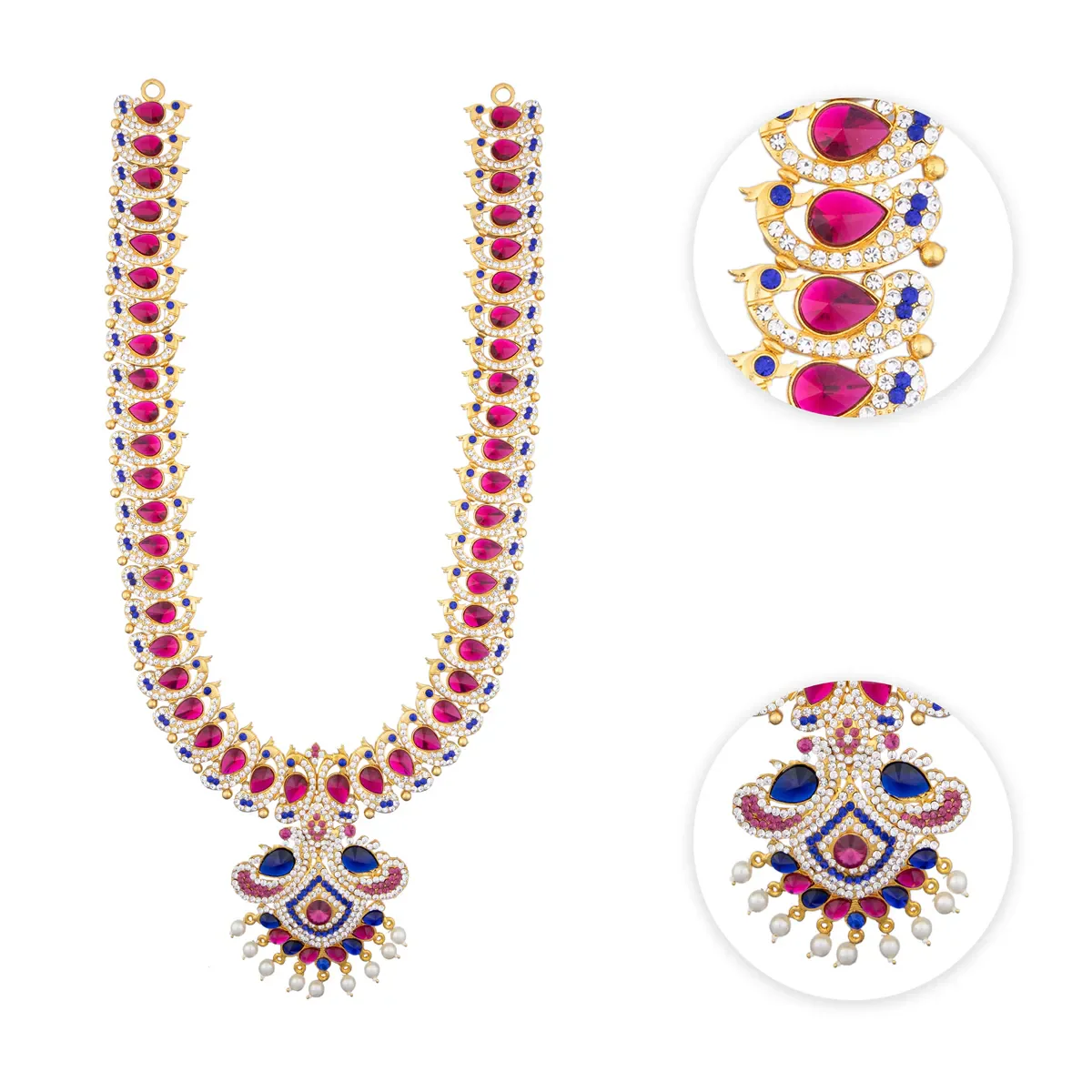 Two Step Stone Necklace - 15 x 4 inches | Multicolour Stone Jewellery with Pearl Drops for Deity Decor - Image 4