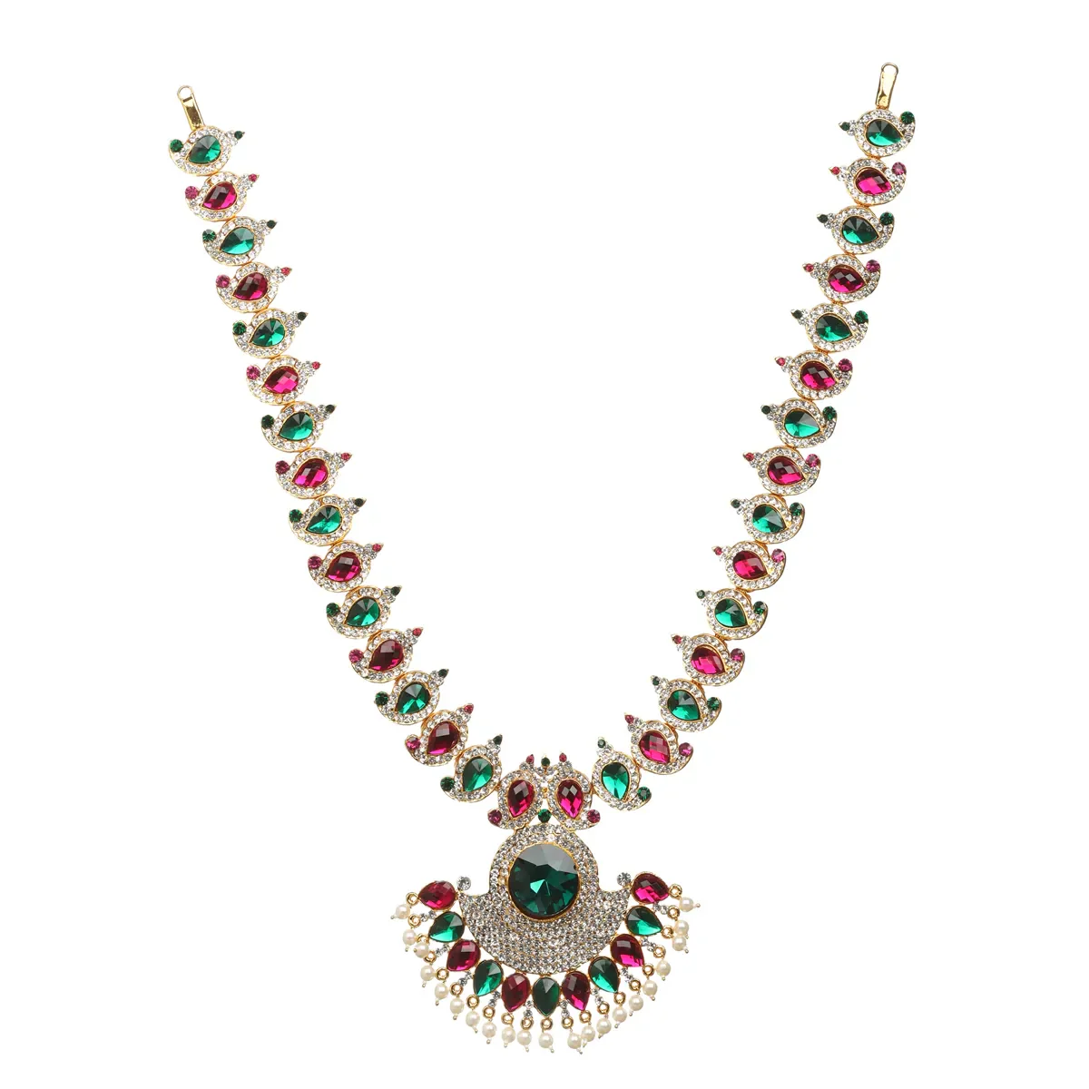 Two Step Stone Necklace - 15 x 4 inches | Multicolour Stone Jewellery with Pearl Drops for Deity Decor - Image 6