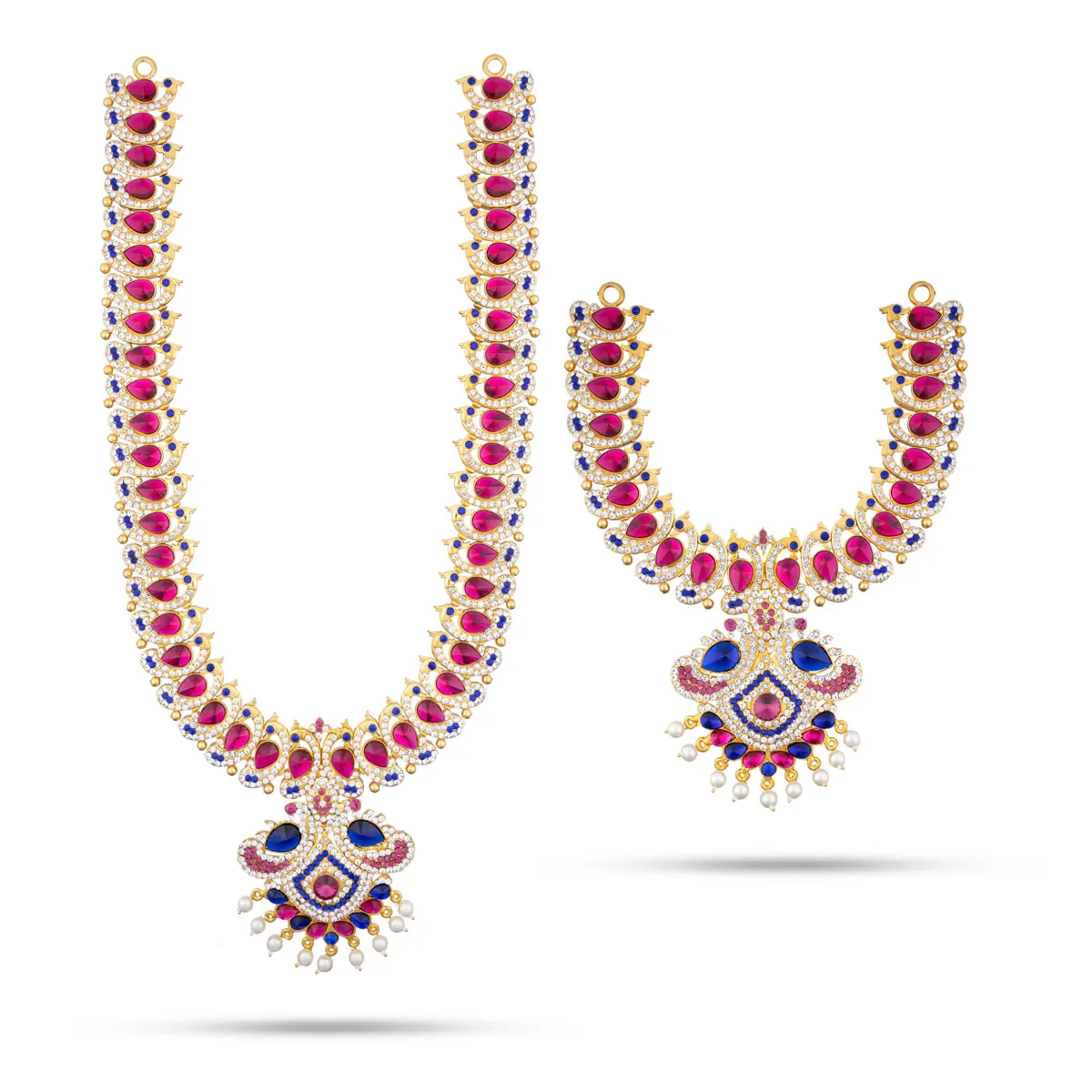 Two Step Stone Necklace - 15 x 4 inches | Multicolour Stone Jewellery with Pearl Drops for Deity Decor - Image 7