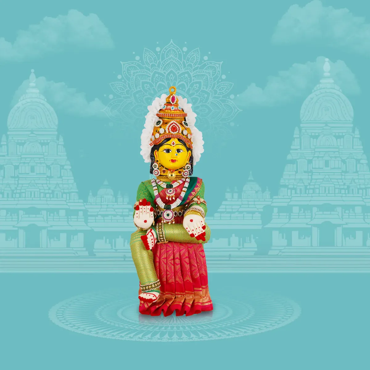 Varalakshmi Amman Set - Full Alankaram - Green W Pink - 11 Inch - Image 7