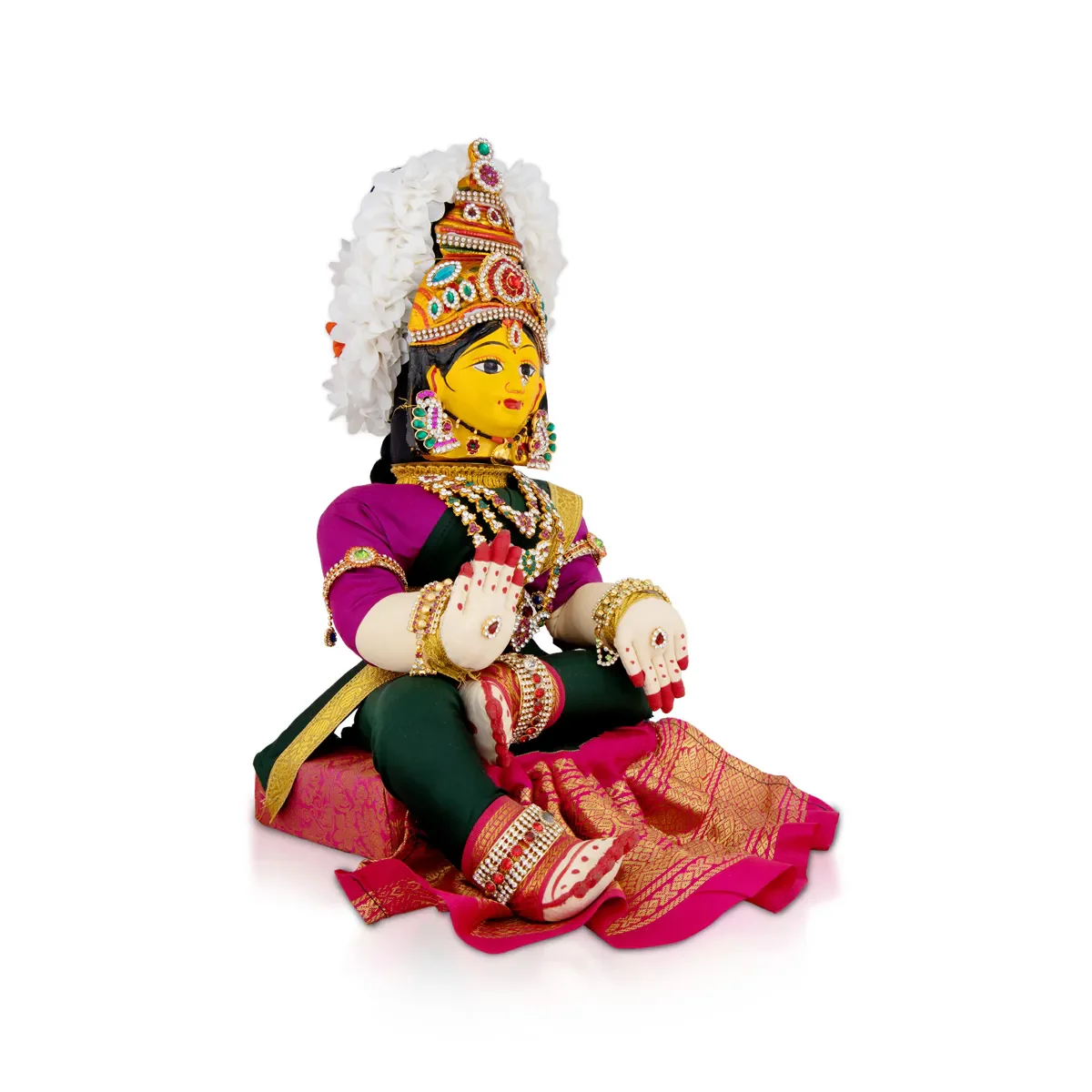 Varalakshmi Amman Set With Manai - Full Alankaram - Dark Green W Pink - 7 Inch - Image 2