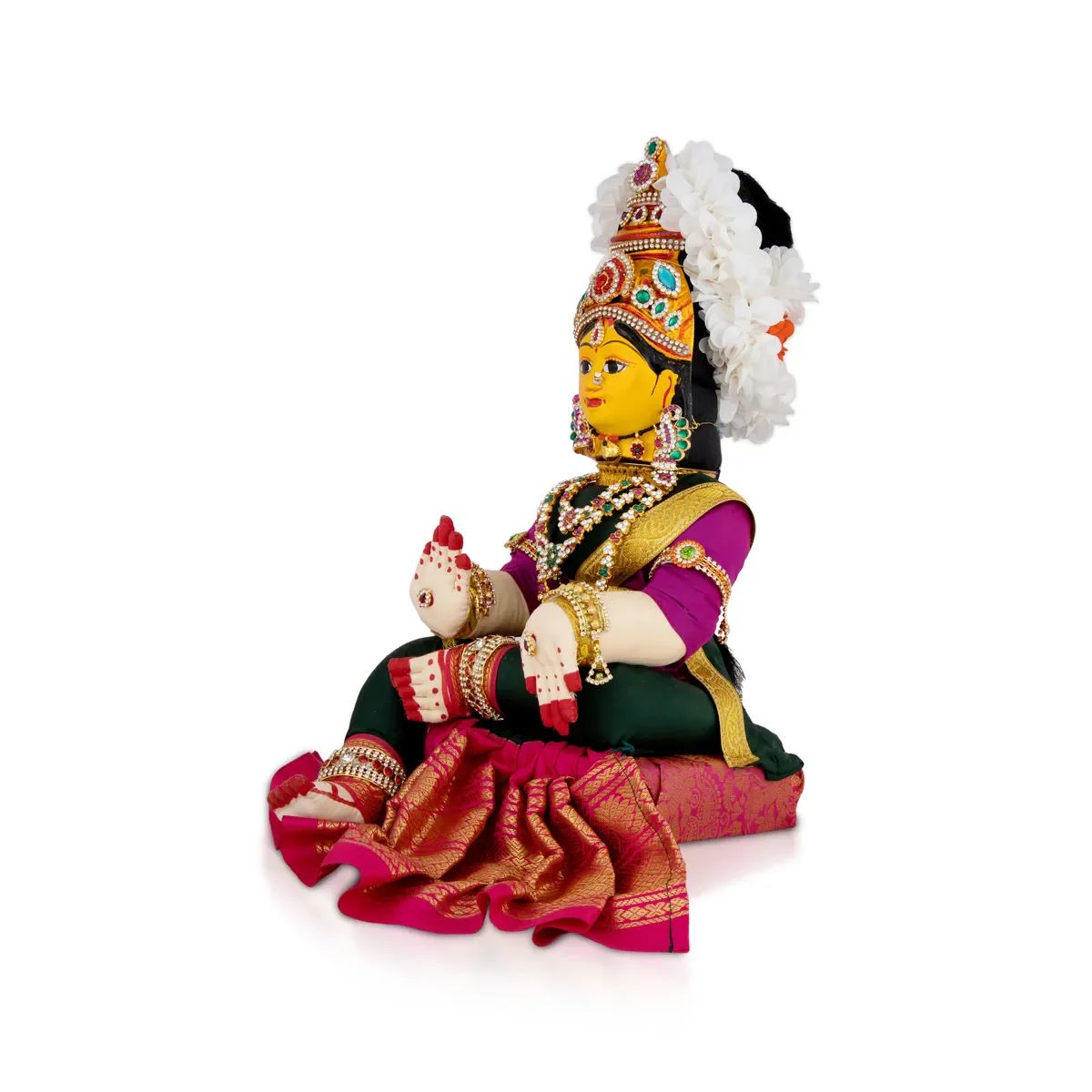 Varalakshmi Amman Set With Manai - Full Alankaram - Dark Green W Pink - 7 Inch - Image 3