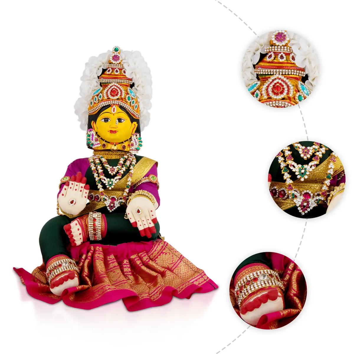 Varalakshmi Amman Set With Manai - Full Alankaram - Dark Green W Pink - 7 Inch - Image 5