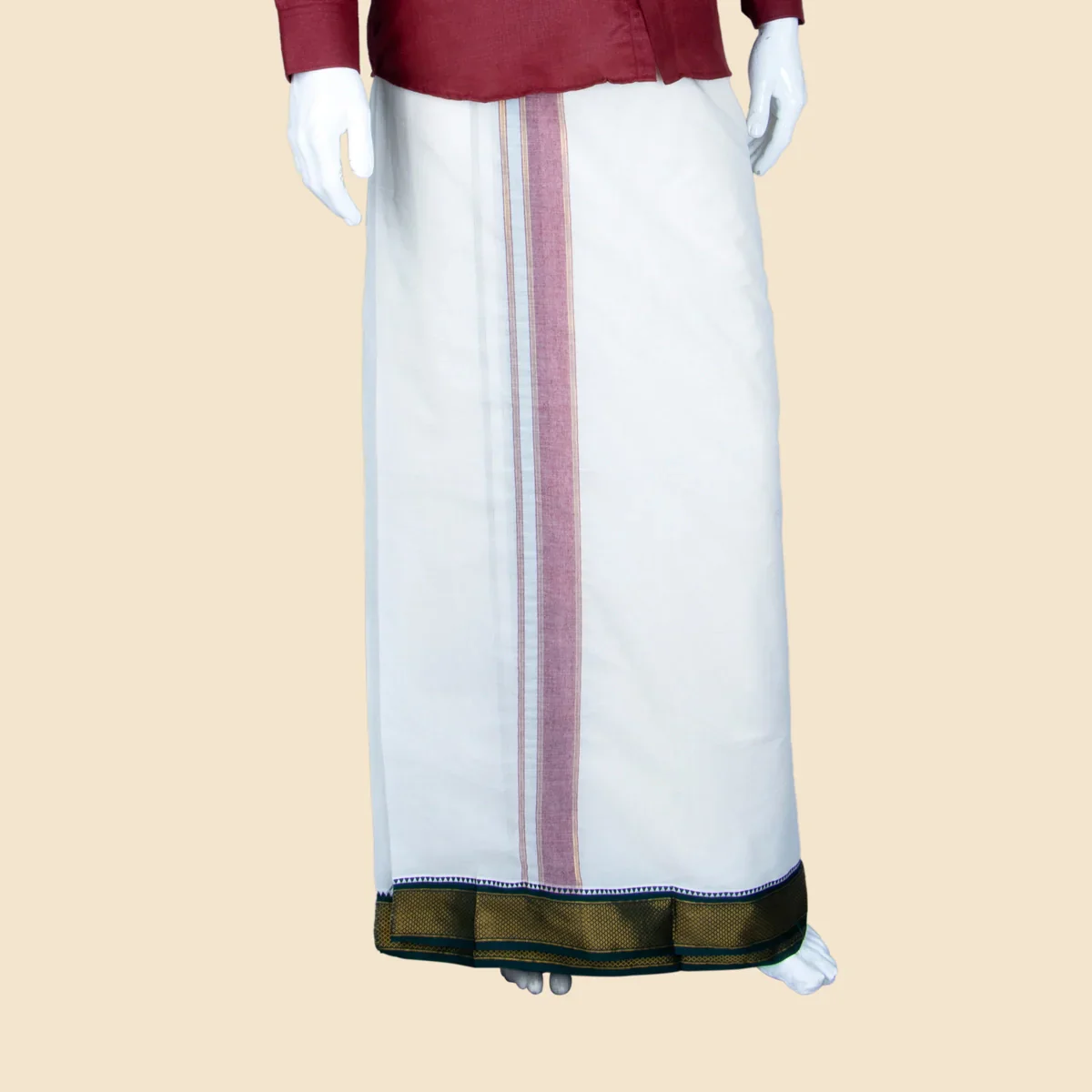 Veshti - 10 x 6 Yards | Half White Dhoti/ Mayilkan Border Veshti for Men - Image 5