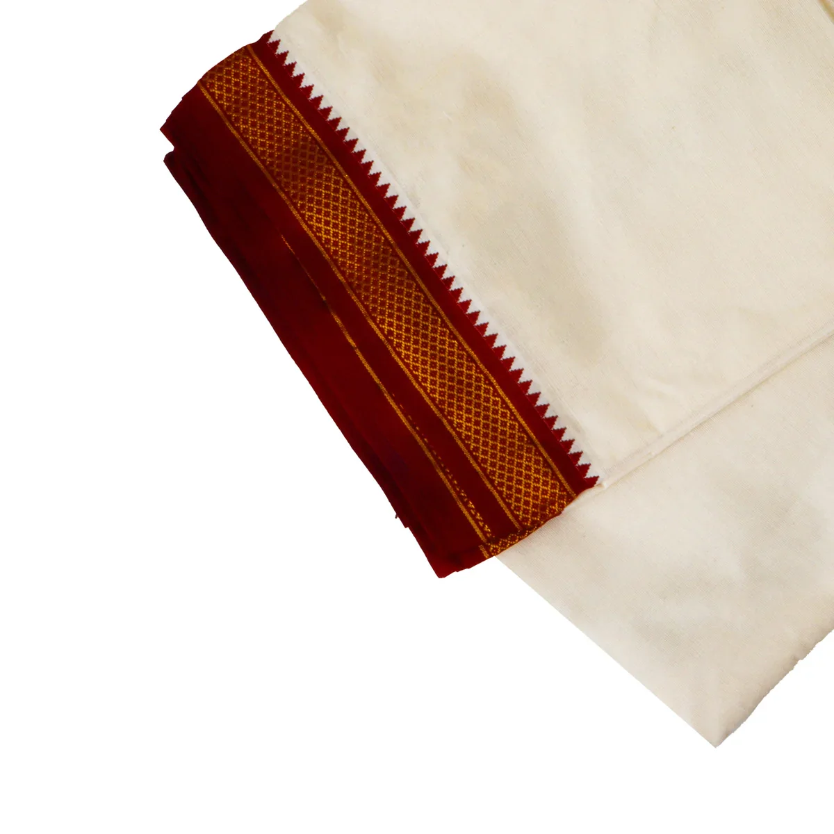 Veshti - 10 x 6 Yards | Half White Dhoti/ 5 Kan Mayilkan Border Veshti for Men - Image 2
