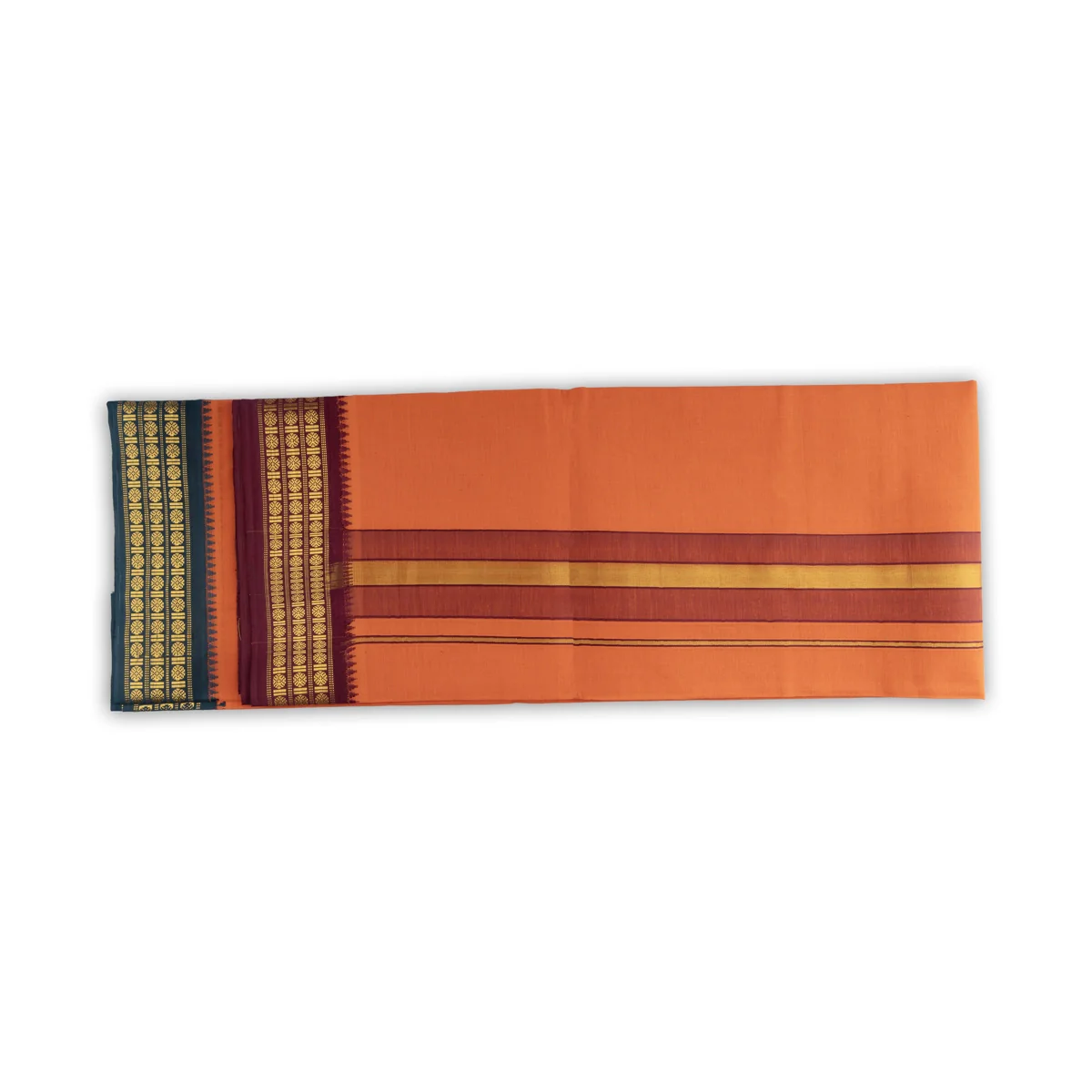 Veshti - 2 Mtrs | Dark Orange Colour Vesti/ 3 Line Rudraksha Border Dhoti for Men - Image 2