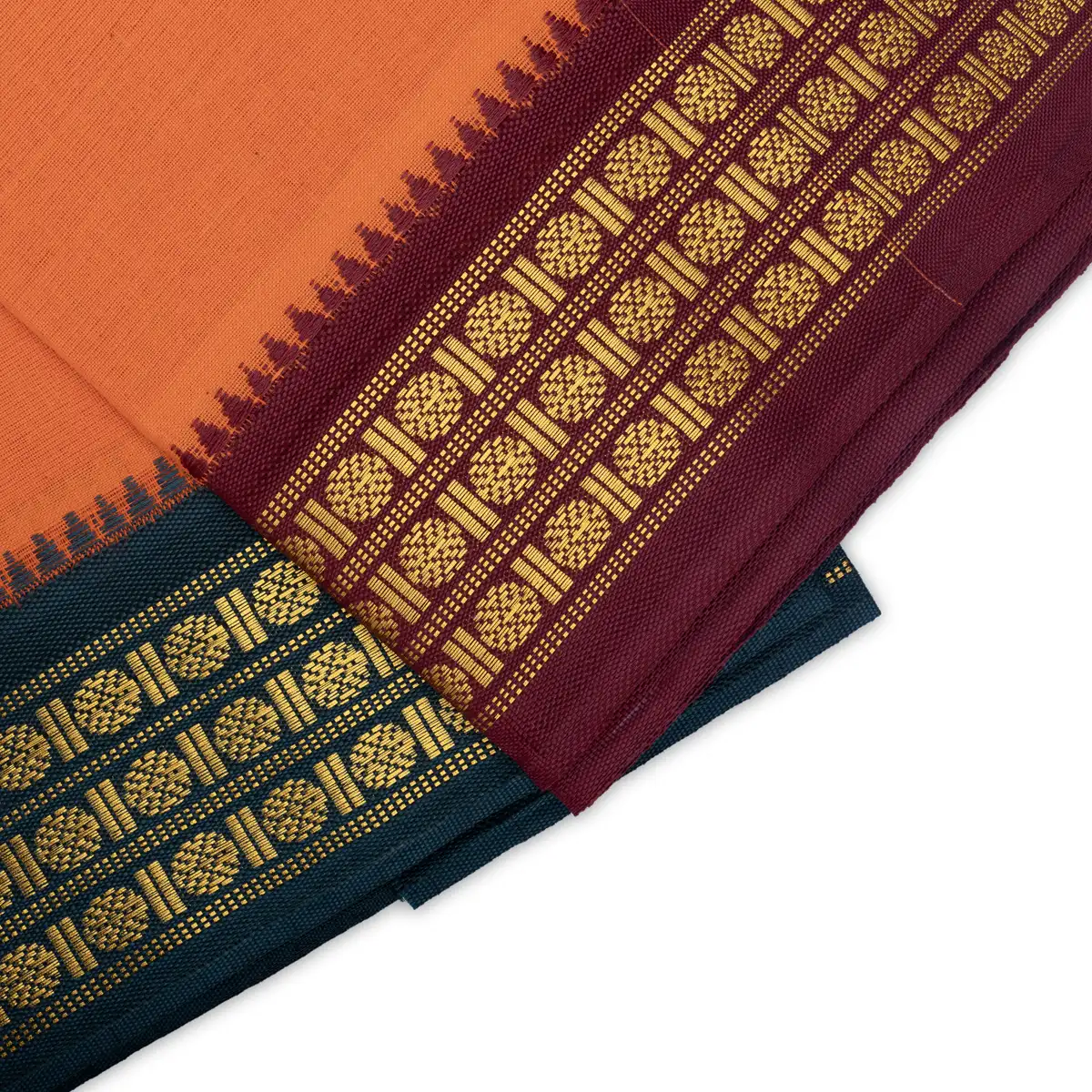 Veshti - 2 Mtrs | Dark Orange Colour Vesti/ 3 Line Rudraksha Border Dhoti for Men - Image 3