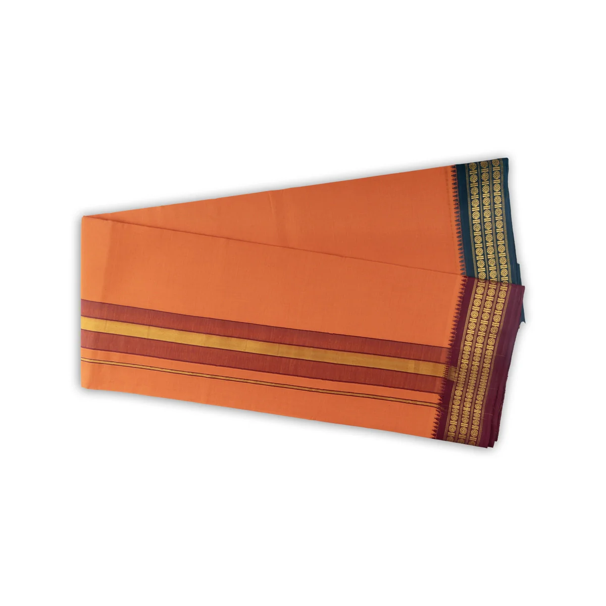 Veshti - 2 Mtrs | Dark Orange Colour Vesti/ 3 Line Rudraksha Border Dhoti for Men - Image 4
