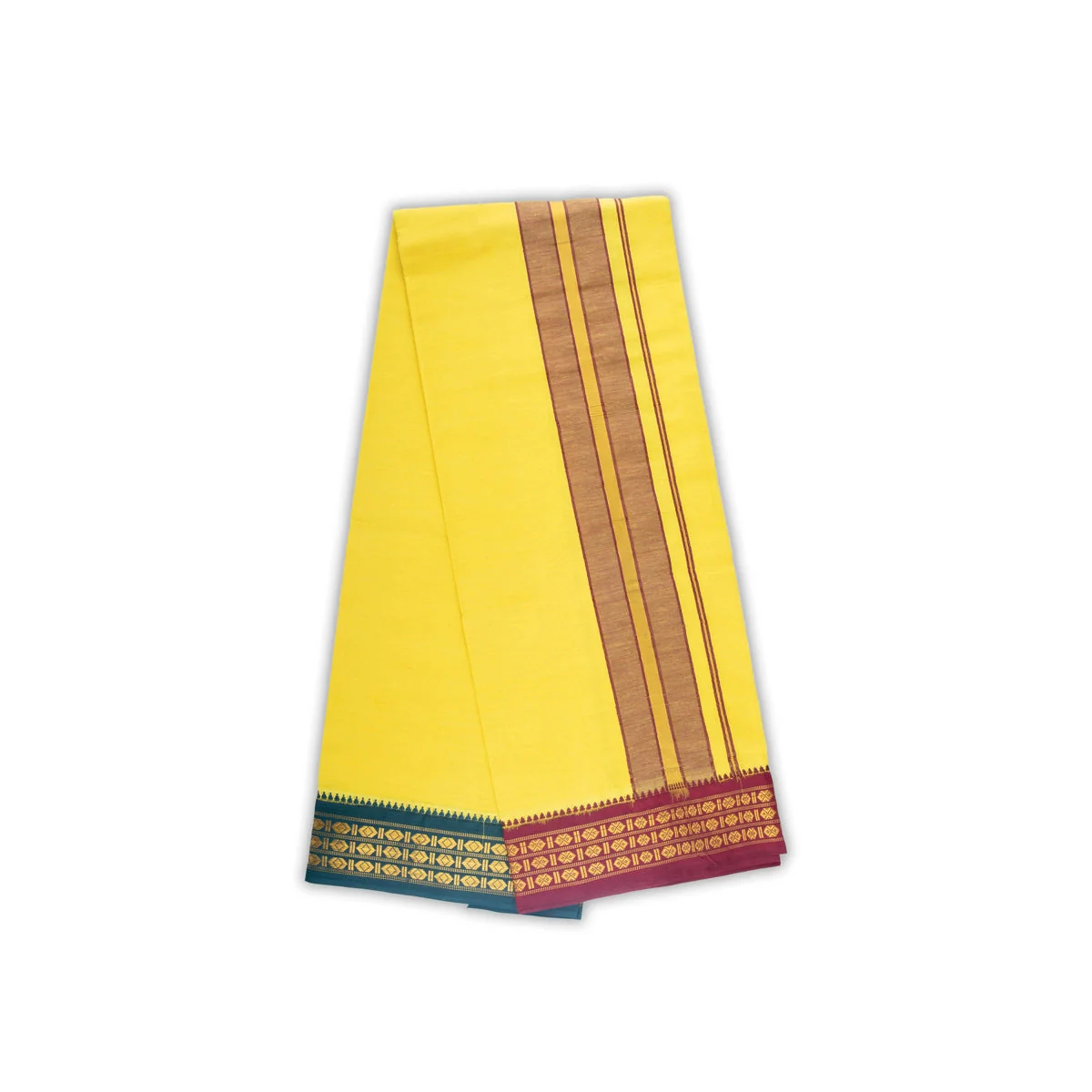 Veshti - 2 Mtrs | 3 Rudraksha Border Dhoti/ Lemon Yellow Colour Vesti for Men - Image 4