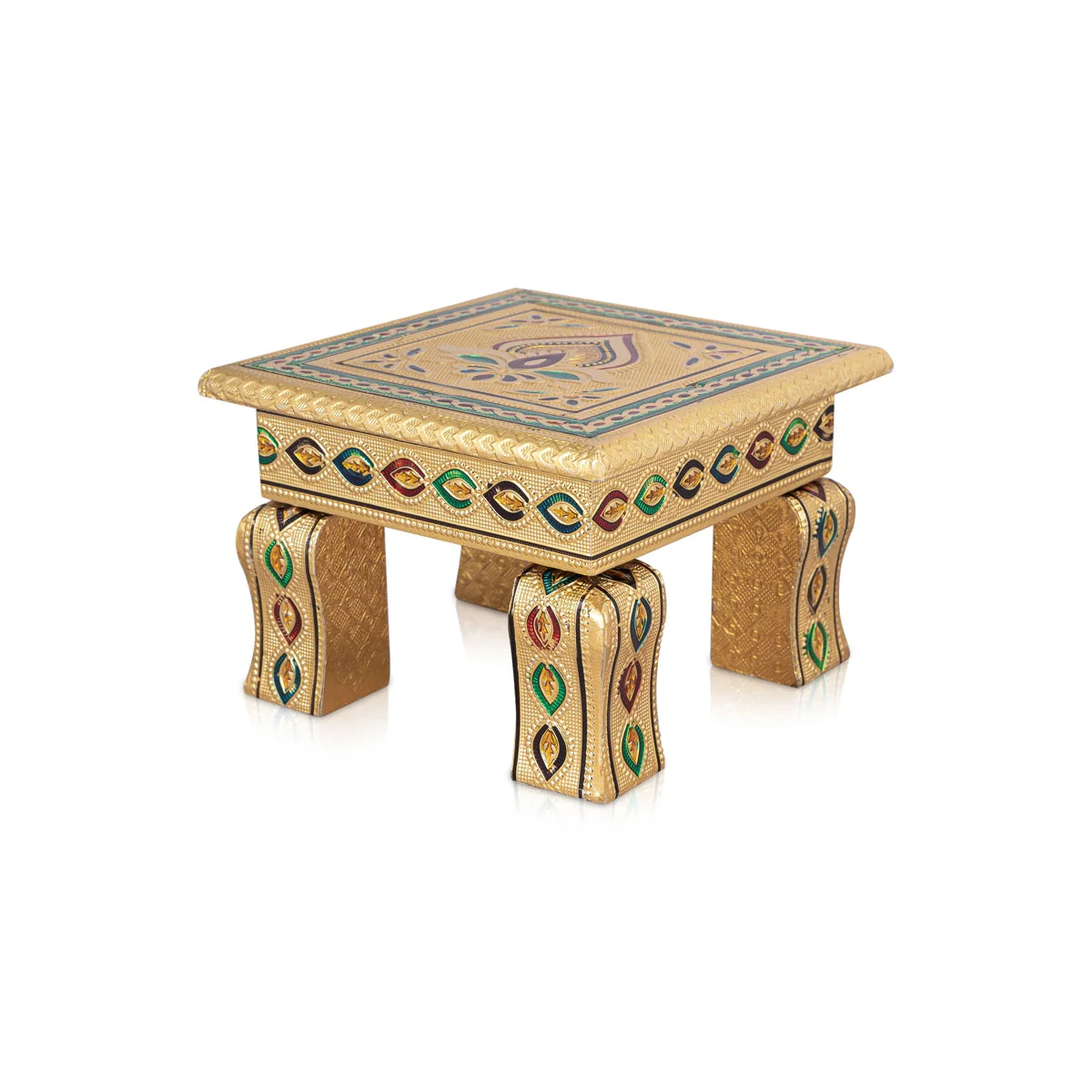 Wooden Bajot - 3.5 X 6 X 6 Inches | Gold Polish Chowki/ Meenakari Design Manai Palagai For Pooja & Home Decor - Image 2