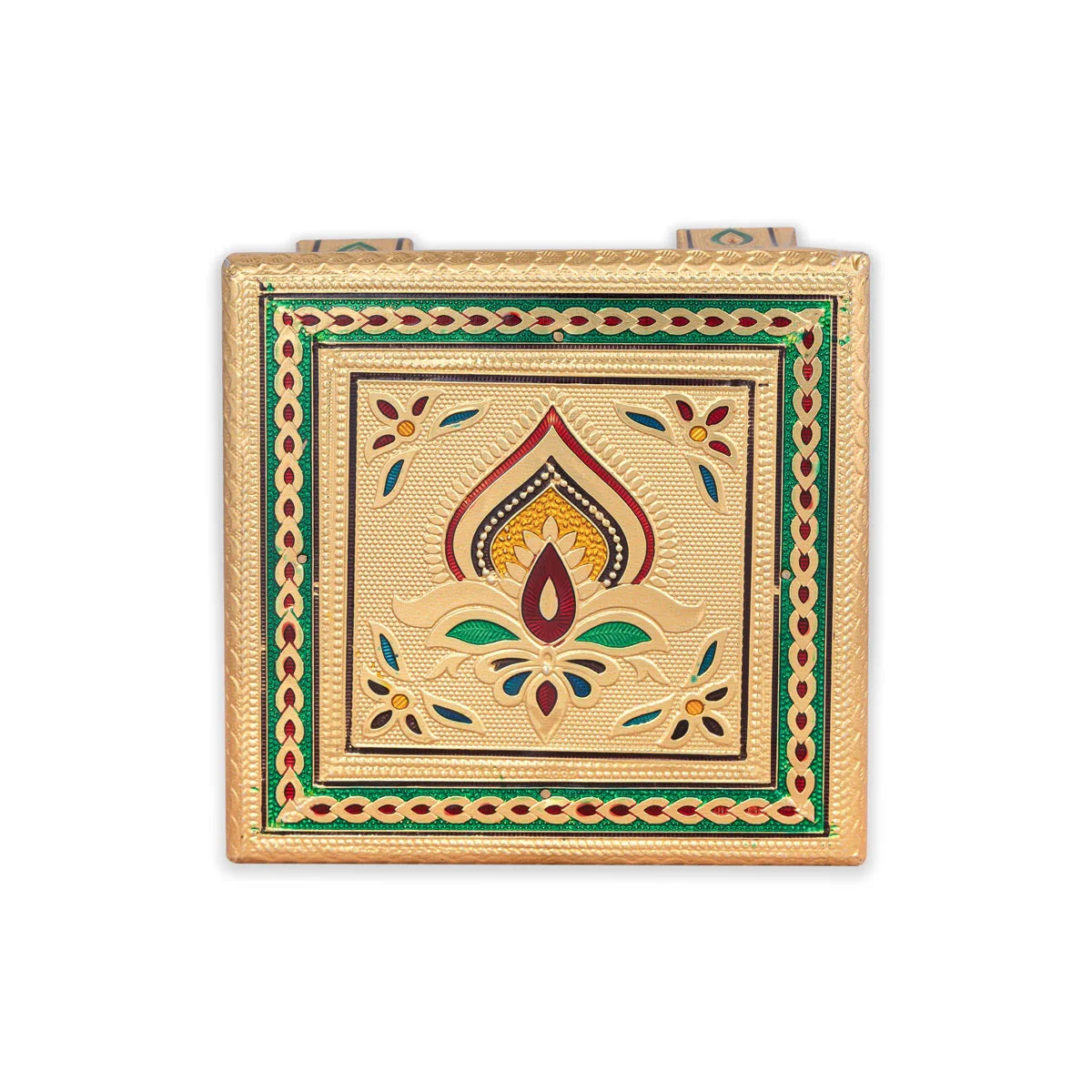 Wooden Bajot - 3.5 X 6 X 6 Inches | Gold Polish Chowki/ Meenakari Design Manai Palagai For Pooja & Home Decor - Image 3