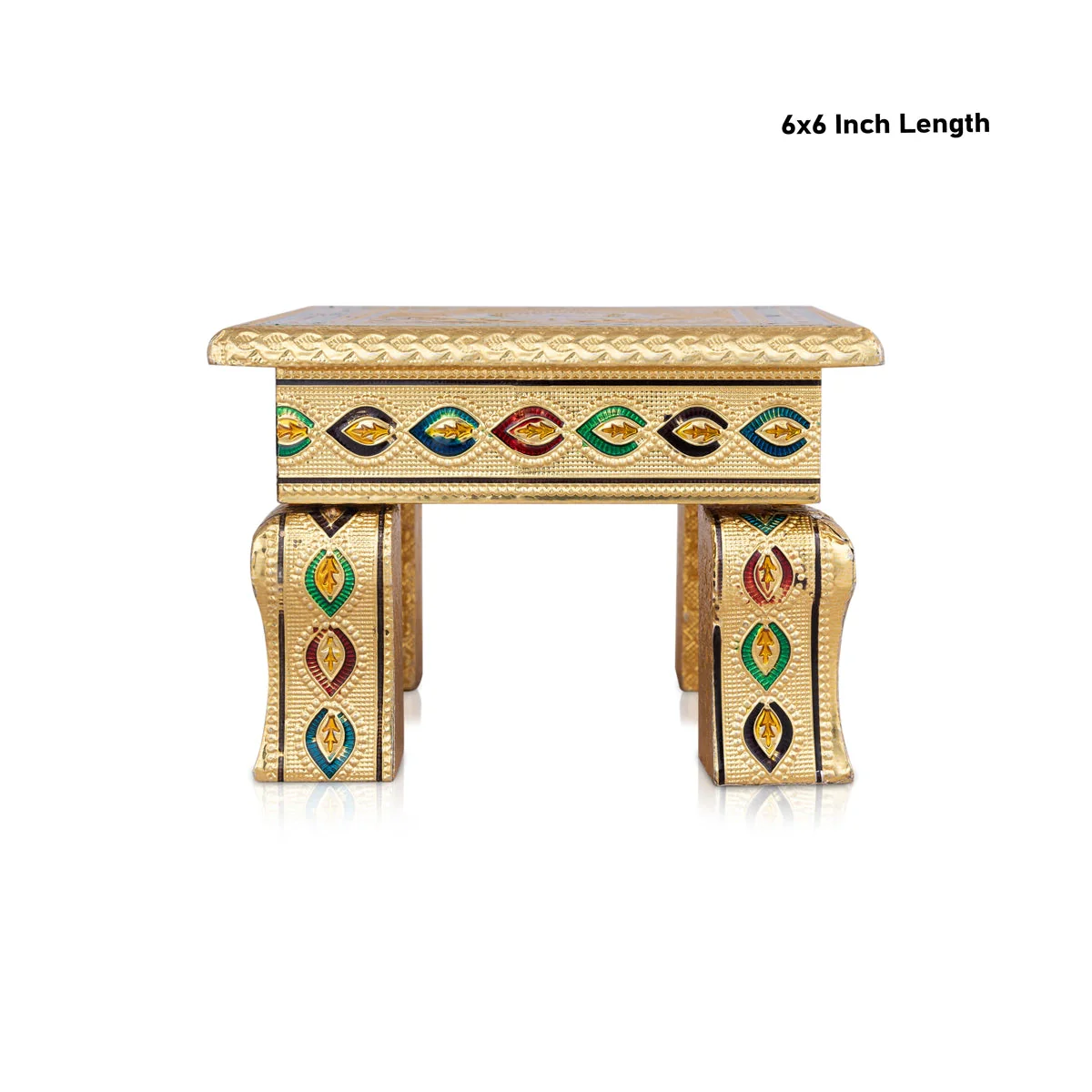 Wooden Bajot - 3.5 X 6 X 6 Inches | Gold Polish Chowki/ Meenakari Design Manai Palagai For Pooja & Home Decor - Image 4
