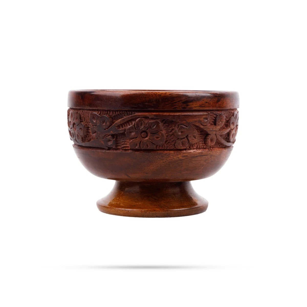 Wooden Bowl With Base - 3 x 4 Inches | Flower Design Engraved Pooja Bowl/ Wooden Cup for Home - Image 3