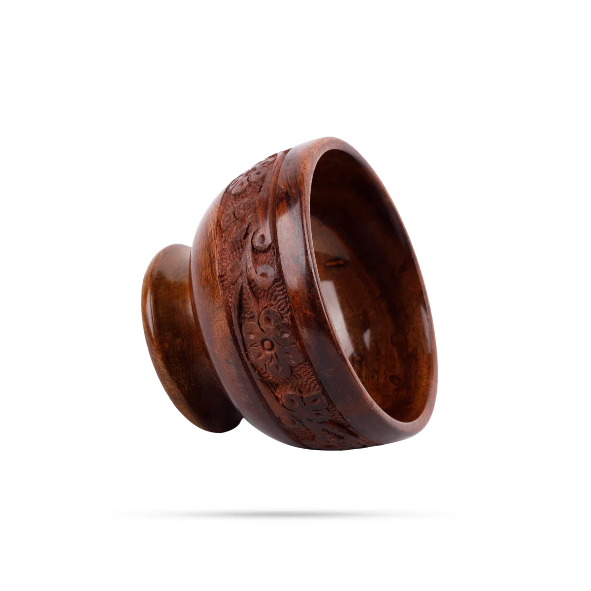 Wooden Bowl With Base - 3 x 4 Inches | Flower Design Engraved Pooja Bowl/ Wooden Cup for Home - Image 4