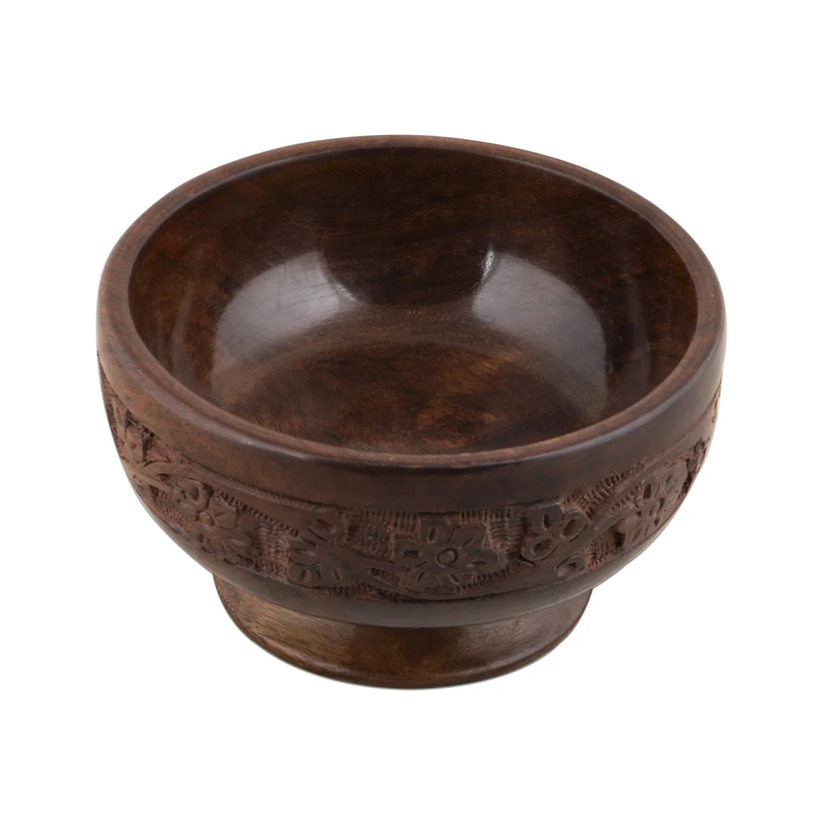 Wooden Bowl With Base - 3 x 5 Inches | Flower Design Engraved Pooja Bowl/ Wooden Cup for Home - Image 2