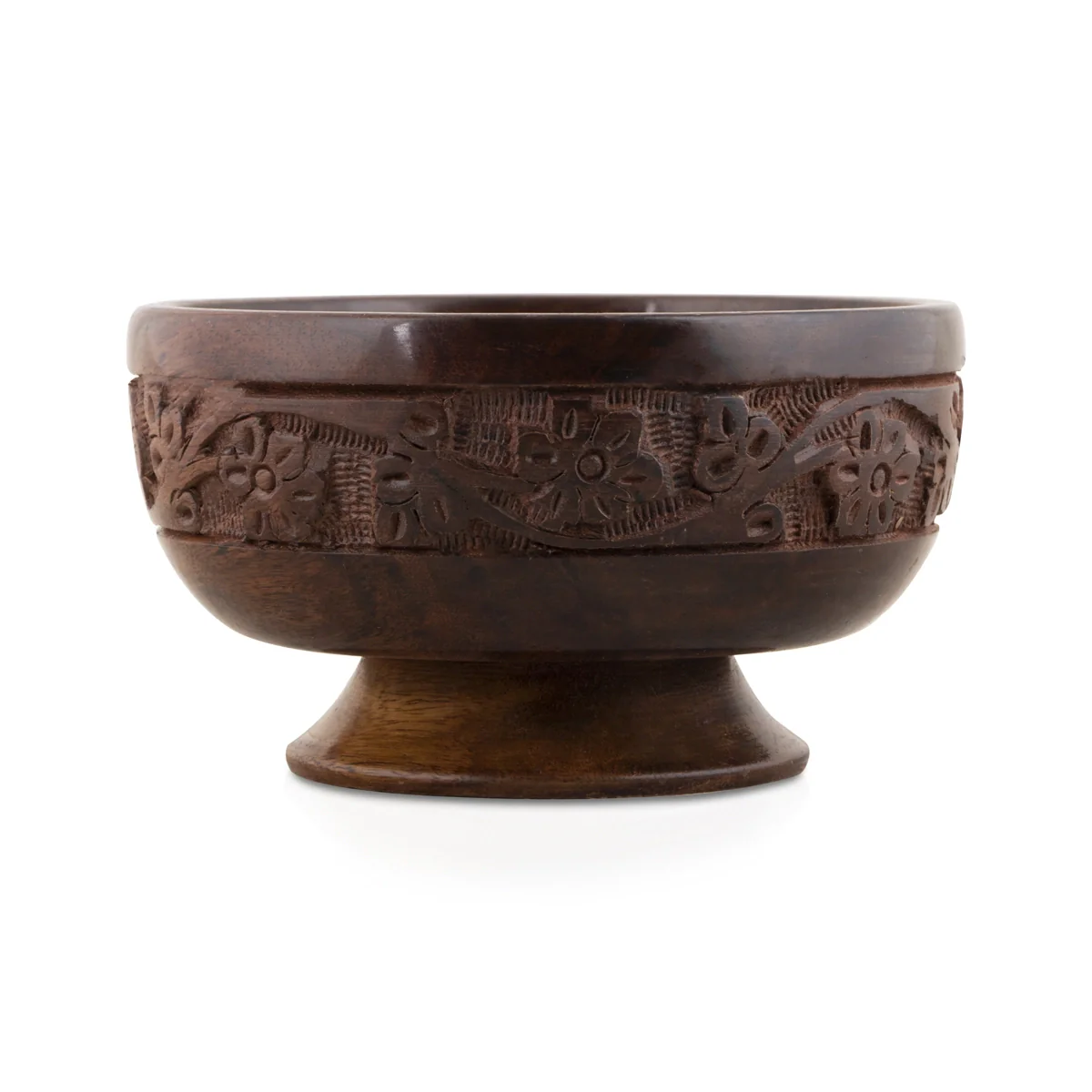 Wooden Bowl With Base - 3 x 5 Inches | Flower Design Engraved Pooja Bowl/ Wooden Cup for Home - Image 4