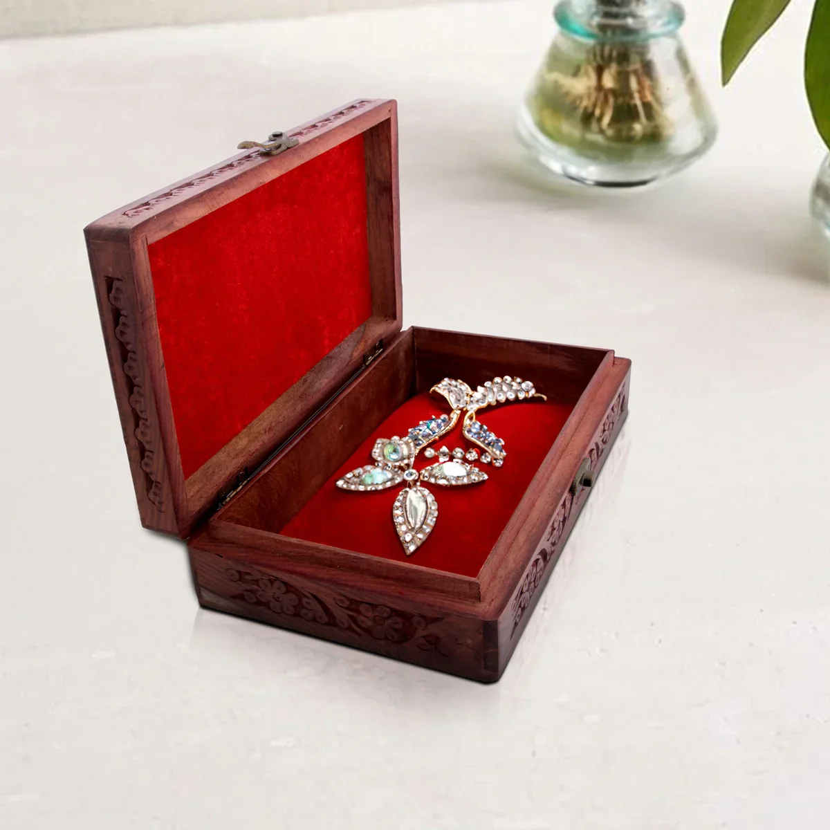 Wooden Box - 2.25 x 10 Inches | Wooden Jewelry Box/ Brass Design Wooden Storage Box for Women - Image 4