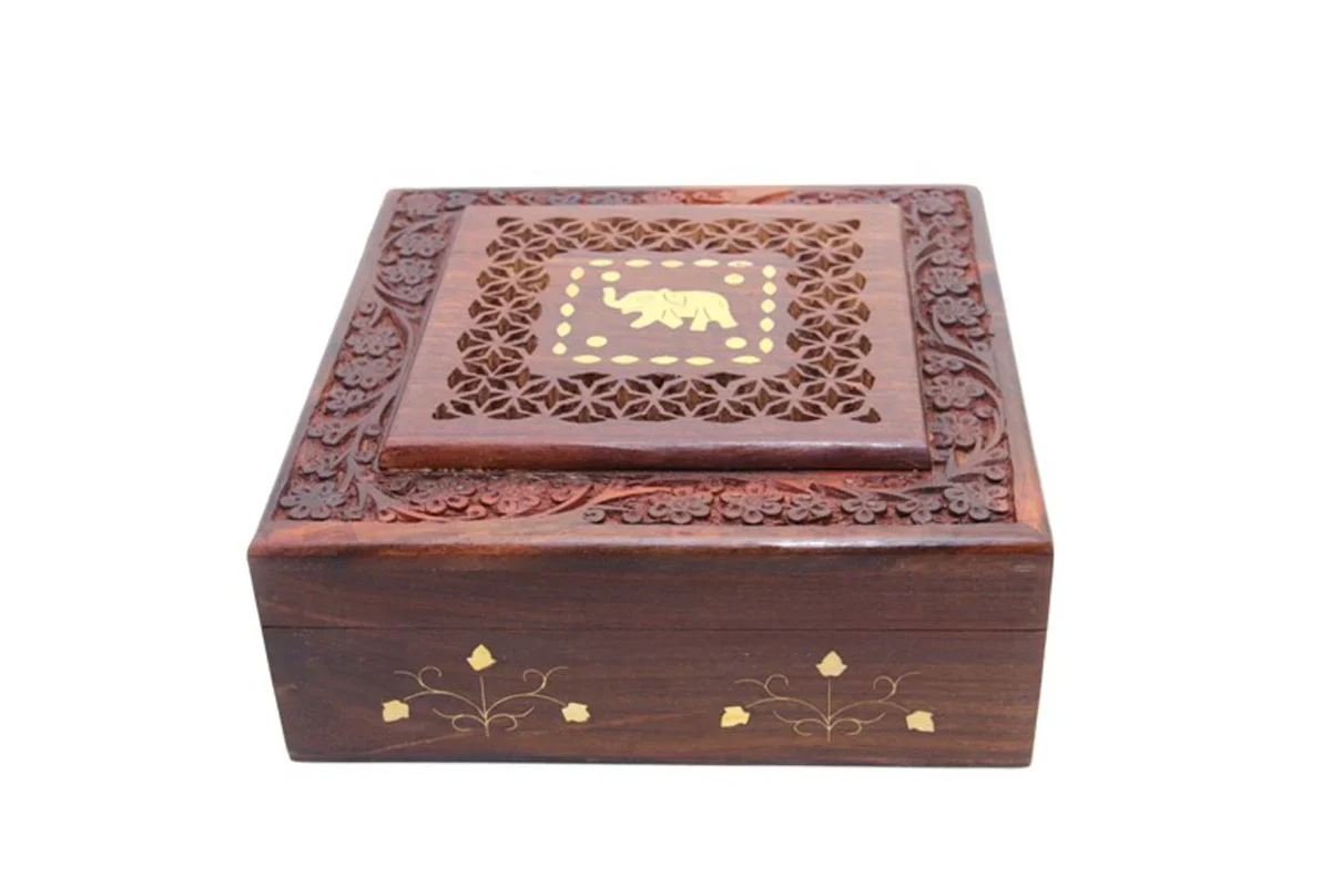 Wooden Box - 3 x 8 Inches | Jali Work with Elephant Inlaid Jewel Box/ Storage Box for Women - Image 3