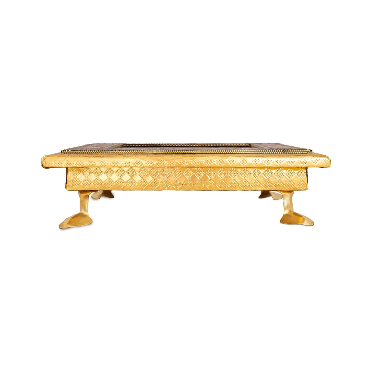 Wooden Chowki With Metal Leg- 1.75 X 10 X 10 Inches | Kalash & Flower Design Patla/ Gold Polish Bajot For Pooja