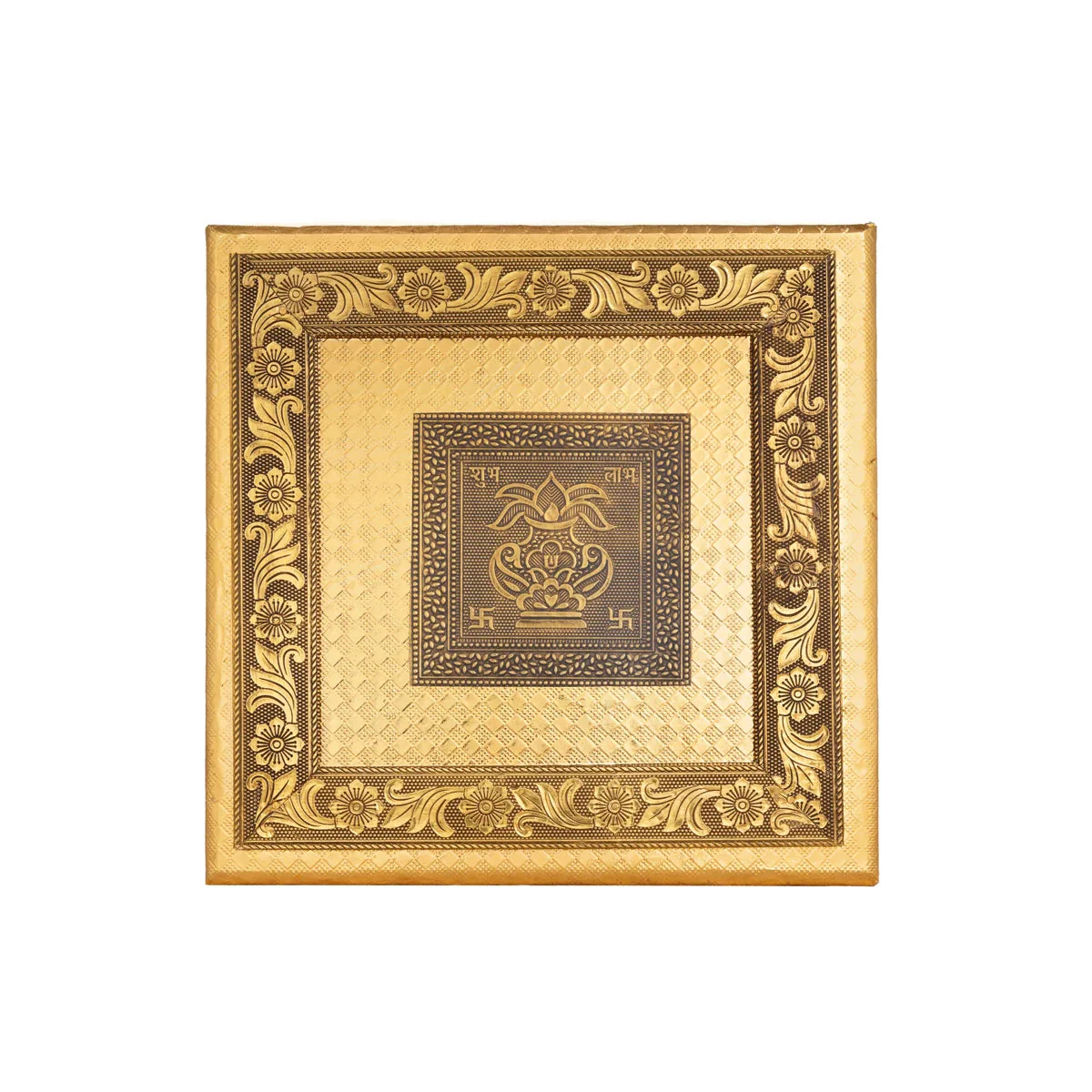 Wooden Chowki With Metal Leg- 1.75 X 10 X 10 Inches | Kalash & Flower Design Patla/ Gold Polish Bajot For Pooja - Image 3