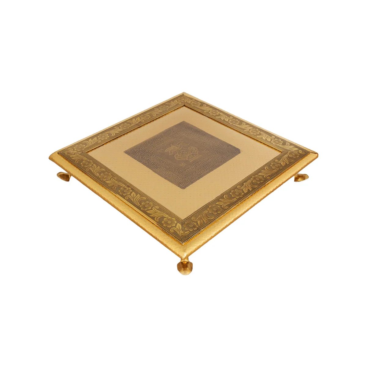 Wooden Chowki With Metal Leg- 1.75 X 12 X 12 Inches | Kalash & Flower Design Patla/ Gold Polish Bajot For Pooja - Image 2