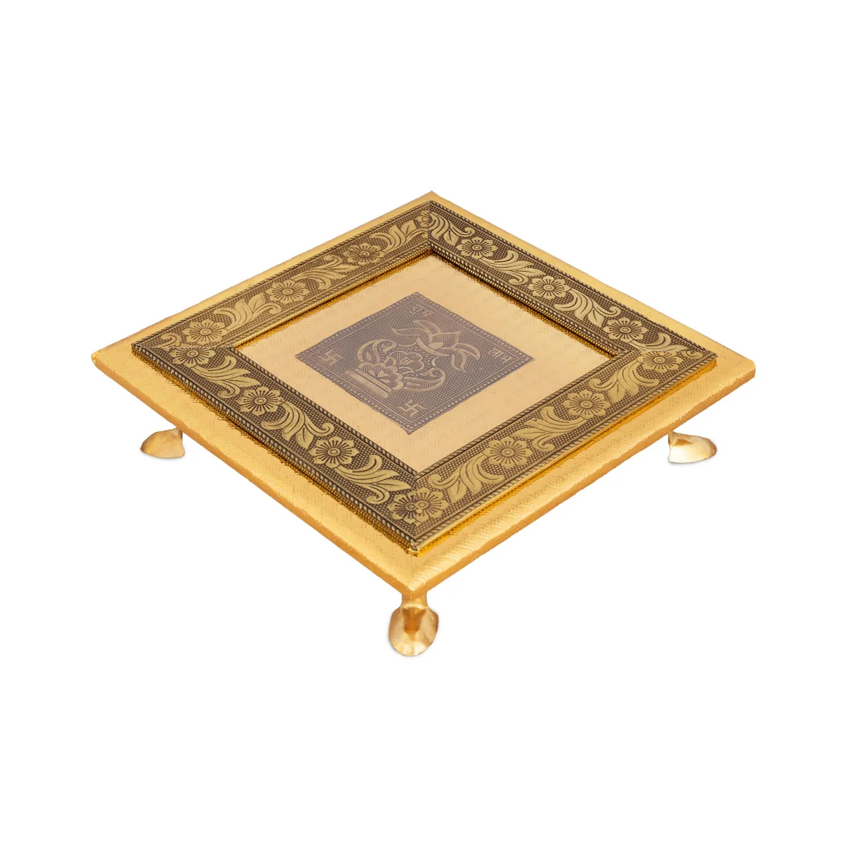 Wooden Chowki With Metal Leg - 1.75 X 8 X 8 Inches | Kalash & Flower Design Patla/ Gold Polish Bajot For Pooja - Image 2