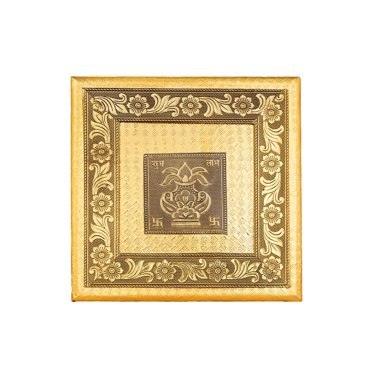 Wooden Chowki With Metal Leg - 1.75 X 8 X 8 Inches | Kalash & Flower Design Patla/ Gold Polish Bajot For Pooja - Image 3