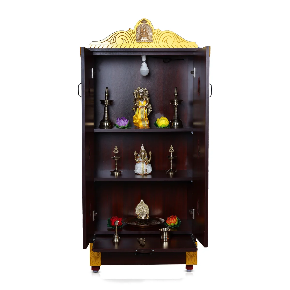 Wooden Temple With Doors | Inner 47 x 24 Inches/ Outer 57 x 25 Inches/ Pooja Mandir With Bell for Home - Image 4